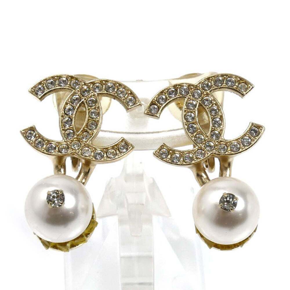 CHANEL Gold Pearl Logo Earrings